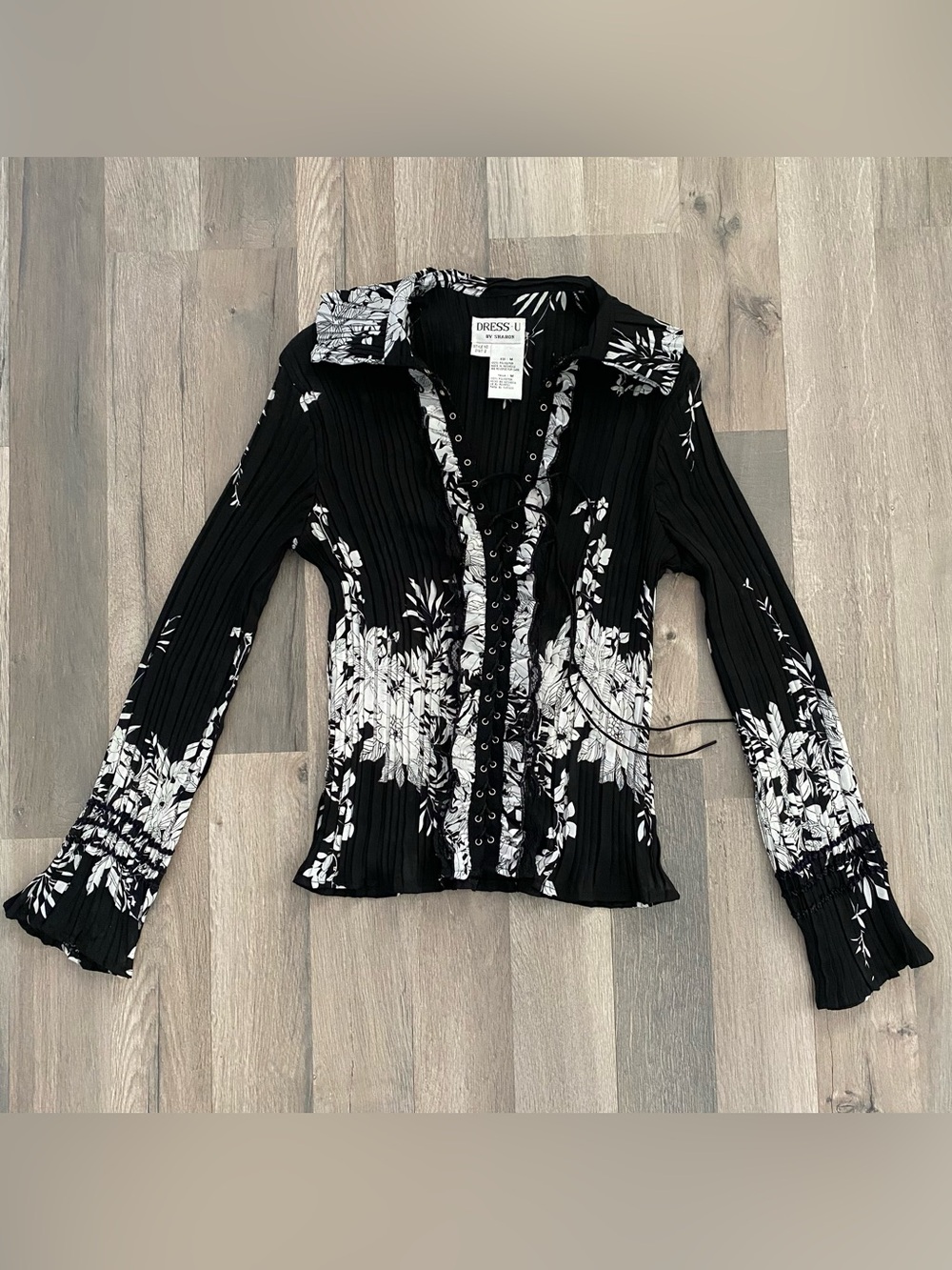 Vintage Y2K Floral Blouse Black Corset Lace Up Goth Whimsigoth Fairy